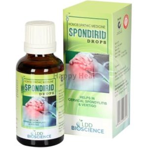 Homeopathic medicine bottle and packaging of Spondirid Drops by LDD Bioscience, designed to assist with cervical spondylitis and vertigo.