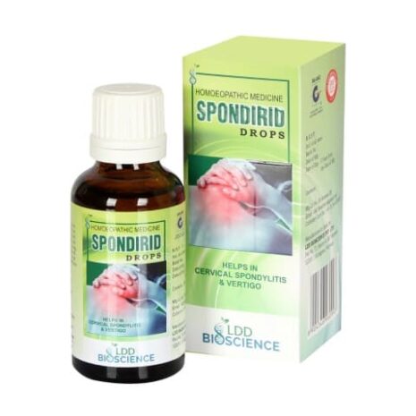 Homeopathic medicine bottle and packaging of Spondirid Drops by LDD Bioscience, designed to assist with cervical spondylitis and vertigo.