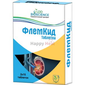 A box of Flemkid tablets featuring a kidney illustration, indicating a homoeopathic treatment with a blue and yellow design.