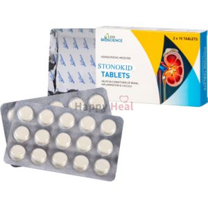 Packaging of Stonokid tablets with visible blister pack and box, highlighting its use for kidney conditions.