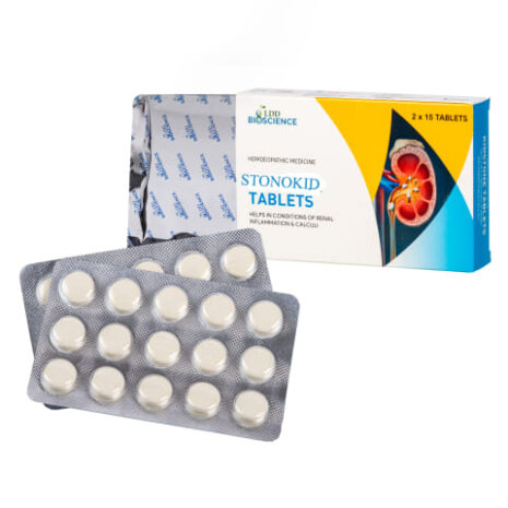 Packaging of Stonokid tablets with visible blister pack and box, highlighting its use for kidney conditions.