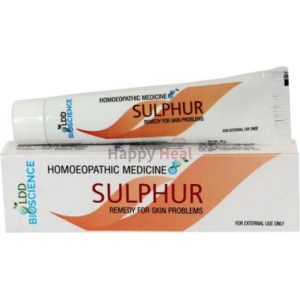 A tube of Sulphur remedy for skin problems alongside its box, labeled as homoeopathic medicine for external use only.