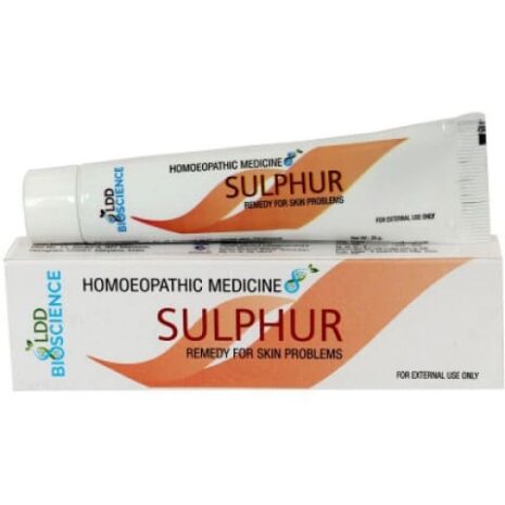 A tube of Sulphur remedy for skin problems alongside its box, labeled as homoeopathic medicine for external use only.