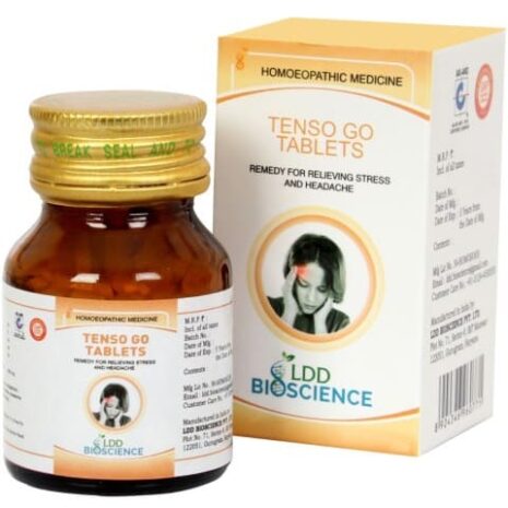 A bottle and box of Tenso Go Tablets, a homeopathic medicine designed to relieve stress and headache. The label features dosage information and a calming design with a person experiencing relief.