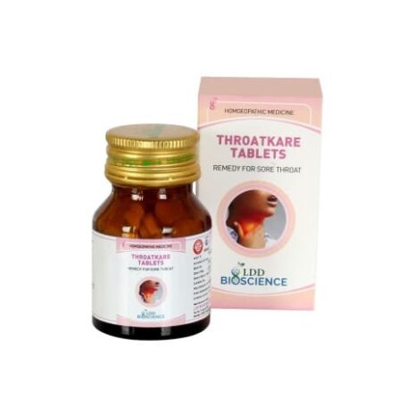 Homeopathic remedy for sore throat in a bottle with packaging.