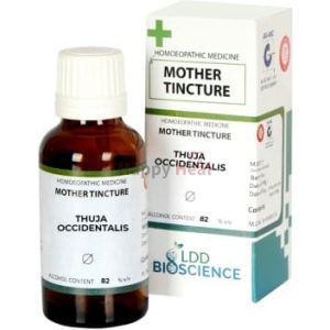 A brown glass bottle of homeopathic mother tincture labeled "Thuja Occidentalis," accompanied by a white box with green accents, indicating alcohol content and usage instructions.