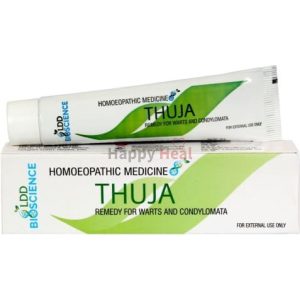 A tube of Thuja homeopathic medicine for warts, displayed with its packaging, emphasizing its natural treatment formulation.