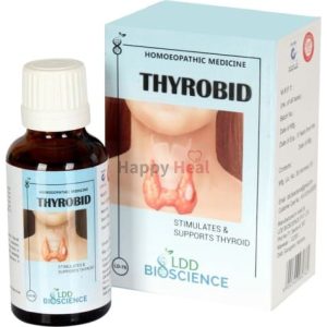 Bottle of Thyrobid homeopathic medicine alongside its packaging, designed to stimulate and support thyroid health.