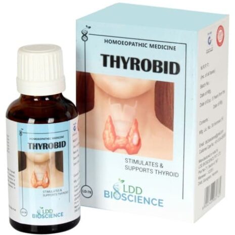 Bottle of Thyrobid homeopathic medicine alongside its packaging, designed to stimulate and support thyroid health.