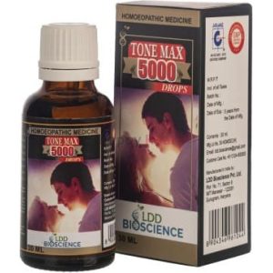 A bottle of Tone Max 5000 homeopathic medicine, featuring a couple on the label, designed for health and wellness.