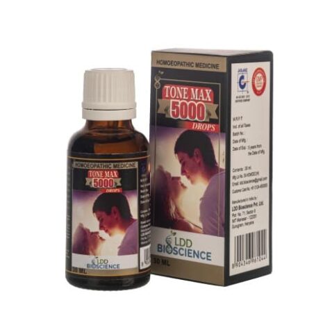 A bottle of Tone Max 5000 homeopathic medicine, featuring a couple on the label, designed for health and wellness.