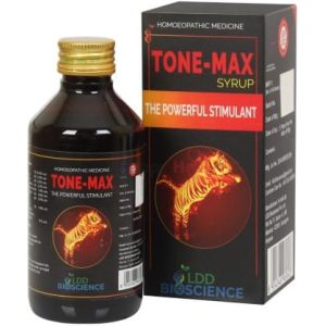 Bottle of Tone-Max syrup alongside its box, highlighting its use as a powerful stimulant.