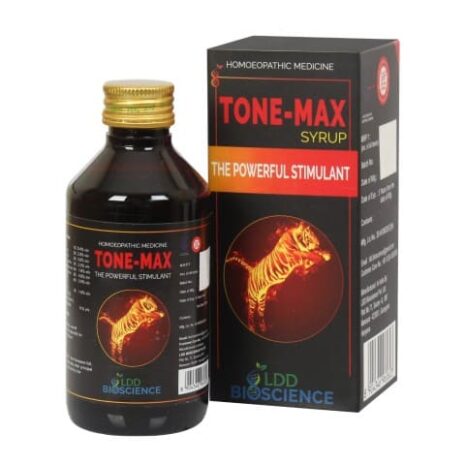 Bottle of Tone-Max syrup alongside its box, highlighting its use as a powerful stimulant.