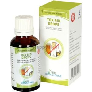Bottle of Tox Rid Drops with packaging, designed for detoxifying from nicotine, alcohol, and drugs.