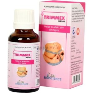 Bottle of Trimmex homeopathic drops with packaging, promoting slim figure and wellness.