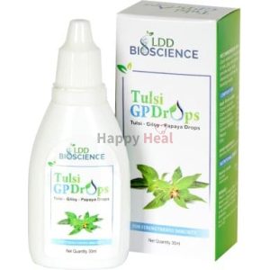 A bottle of LDD Bioscience Tulsi GP Drops, featuring a white container with a dropper and a green and blue design, alongside its packaging which highlights the product's ingredients: Tulsi, Giloy, and Papaya.