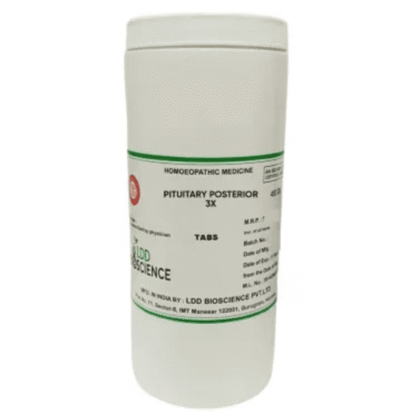 Container of Pituitary Posterior 3X homeopathic tablets by LDD Bioscience, labeled with usage instructions and production details.