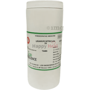 A white container of homeopathic medicine labeled 'Uranium Nitricum 3X' with manufacturer details and dosage information.