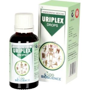 A bottle and box of Uriplex drops from LDD Bioscience, featuring a green and white design with illustrations related to the human skeletal system.