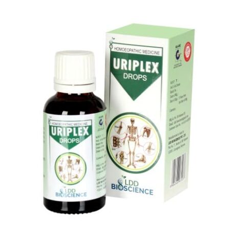 A bottle and box of Uriplex drops from LDD Bioscience, featuring a green and white design with illustrations related to the human skeletal system.