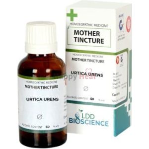 A bottle of homeopathic mother tincture labeled as Urtica Urens, accompanied by its box, highlighting its alcohol content and medicinal information.