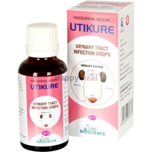A bottle of Utikure homoeopathic medicine for urinary tract infections, presented with its packaging showing a diagram of the urinary system.