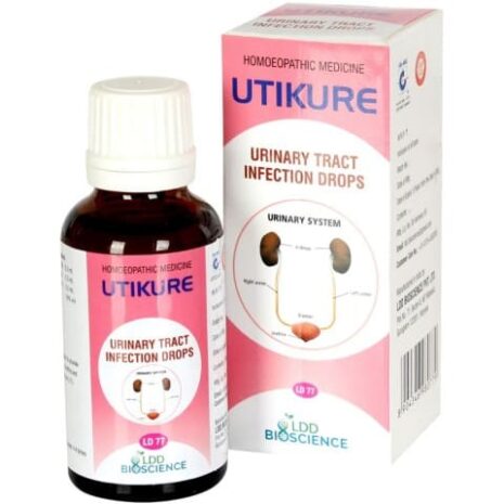 A bottle of Utikure homoeopathic medicine for urinary tract infections, presented with its packaging showing a diagram of the urinary system.
