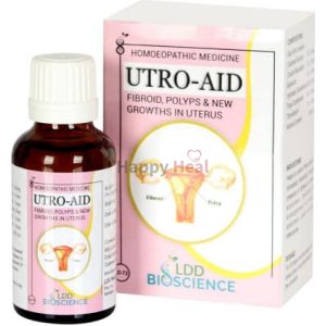 Bottle of Utro-Aid homeopathic medicine with packaging, addressing fibroids, polyps, and new growths in the uterus.