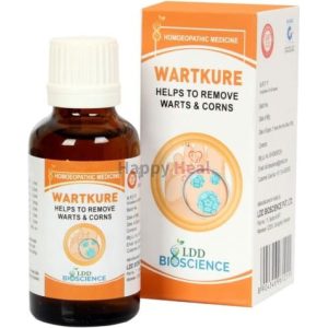 Homeopathic medicine in a bottle with packaging, designed to help remove warts and corns.