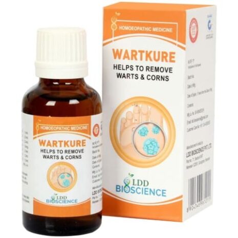 Homeopathic medicine in a bottle with packaging, designed to help remove warts and corns.