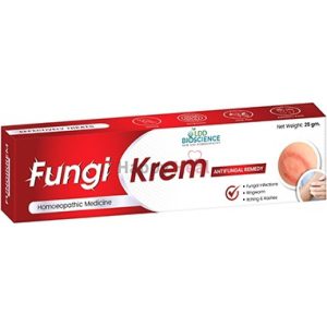 A box of Fungi Krem, a homeopathic antifungal medicine, highlighting its use for fungal infections, itching, and rashes.