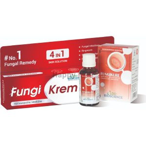 A homeopathic treatment for fungal infections, including athlete's foot and ringworm, featuring a bottle and packaging labeled "Fungikure."