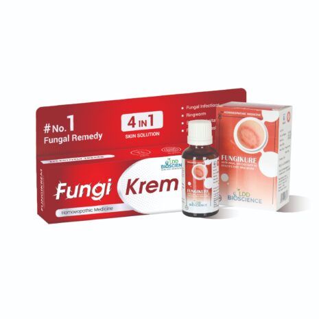 A homeopathic treatment for fungal infections, including athlete's foot and ringworm, featuring a bottle and packaging labeled "Fungikure."