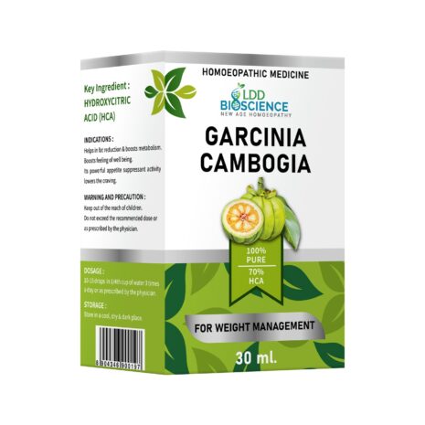 Packaging for Garcinia Cambogia, highlighting its key ingredient, HCA, and intended use for weight management.