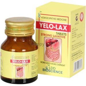 Bottle and packaging of Yelo-Lax tablets, a strong laxative remedy from LDD Bioscience.