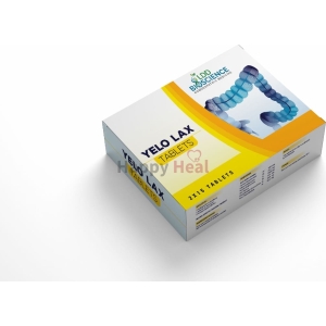 A box of Yelo Lax tablets with branding from LDD Bioscience, featuring product details and dosage information.