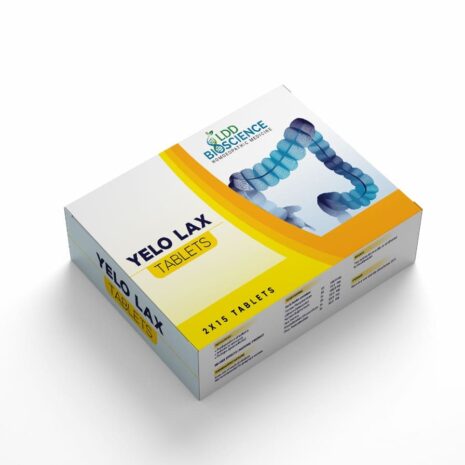 A box of Yelo Lax tablets with branding from LDD Bioscience, featuring product details and dosage information.