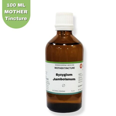 A brown glass bottle containing Syzygium Jambolanum mother tincture, labeled with details about the product and its alcohol content.