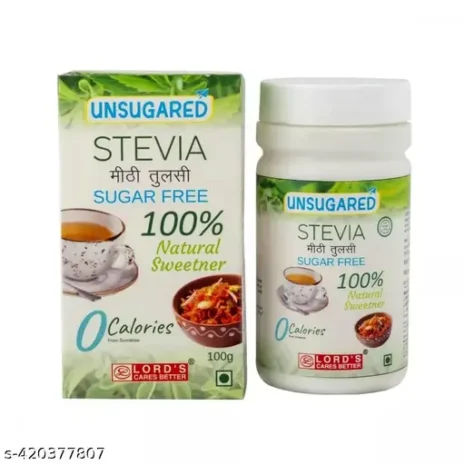 A box and container of Unsugared Stevia, a 100% natural, sugar-free sweetener with 0 calories, displayed together.