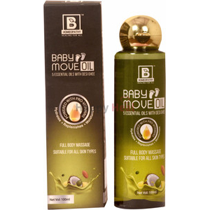 A bottle of Baby Move Oil with essential oils, designed for all skin types, packaged in a green and gold box.