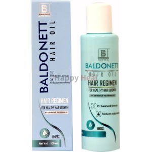 Product packaging of Baldonett Hair Oil with a focus on promoting healthy hair growth, featuring a ph balanced formula and claims of reducing scalp redness.