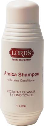 A 1-liter bottle of LORD'S Arnica Shampoo with extra conditioner, featuring a clean design and clear labeling stating its purpose as an excellent cleanser and conditioner.