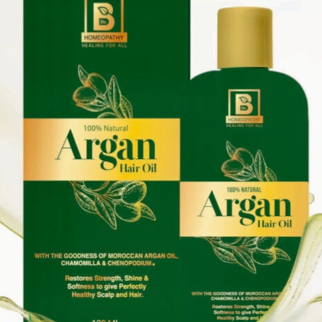 Bottle and box design of 100% natural Argan hair oil enriched with Moroccan oil, chamomile, and chenopodium for healthy scalp and hair.