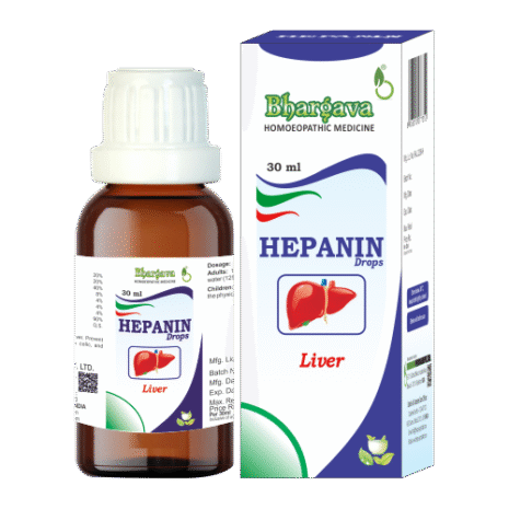 30 ml brown glass bottle of Hepanin drops with a blue and white package, labeled for liver support in homeopathic medicine.