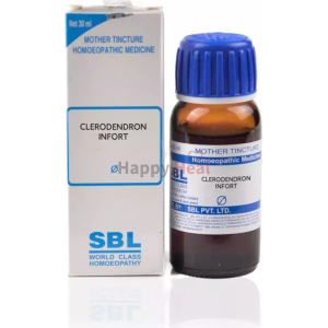 A 30ml bottle of Clerodendron Infort mother tincture alongside its packaging, labeled for homoeopathic use.
