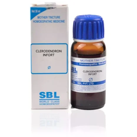 Clerodendron Infort Homoeopathic Tincture A 30ml bottle of Clerodendron Infort mother tincture alongside its packaging, labeled for homoeopathic use.