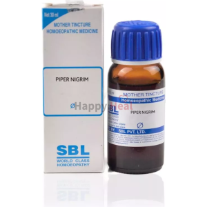 A 30 ml bottle of Piper Nigrum mother tincture homeopathic medicine alongside its packaging, featuring blue and white branding and labeling.