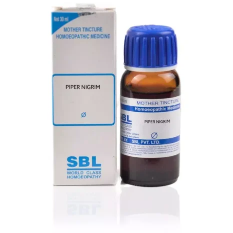 A 30 ml bottle of Piper Nigrum mother tincture homeopathic medicine alongside its packaging, featuring blue and white branding and labeling.