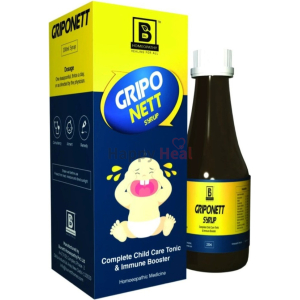 A homeopathic syrup for children, packaged with a cute baby illustration, promoting health and immune support.