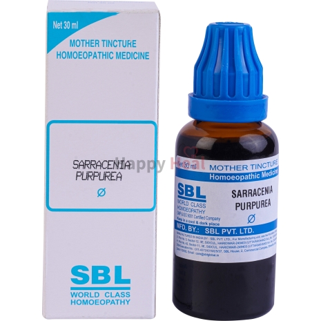 Sarracenia Purpurea Homeopathic Mother Tincture Bottle of Sarracenia Purpurea mother tincture with blue cap next to its packaging, labeled as homeopathic medicine, 30ml.